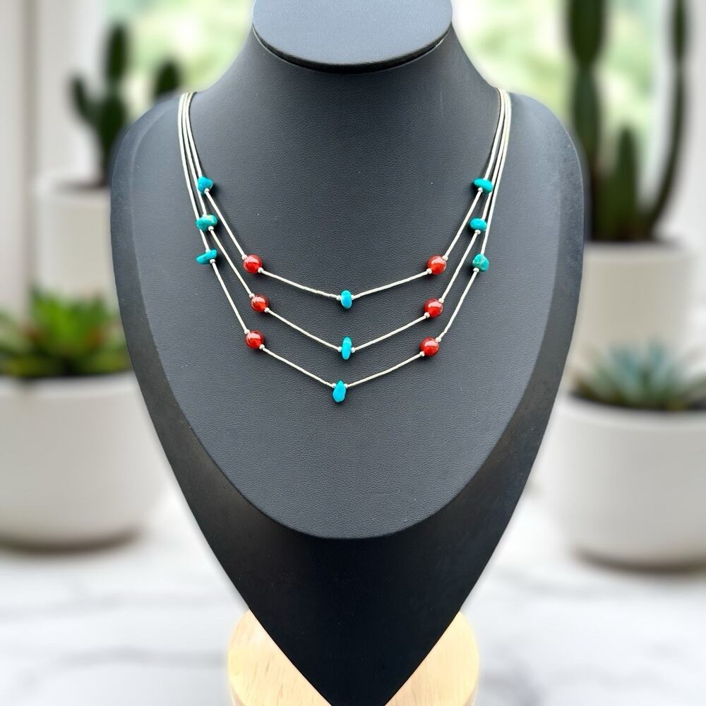 Sterling Liquid Silver Necklace Layered Turquoise Carnelian 925 Native Navajo